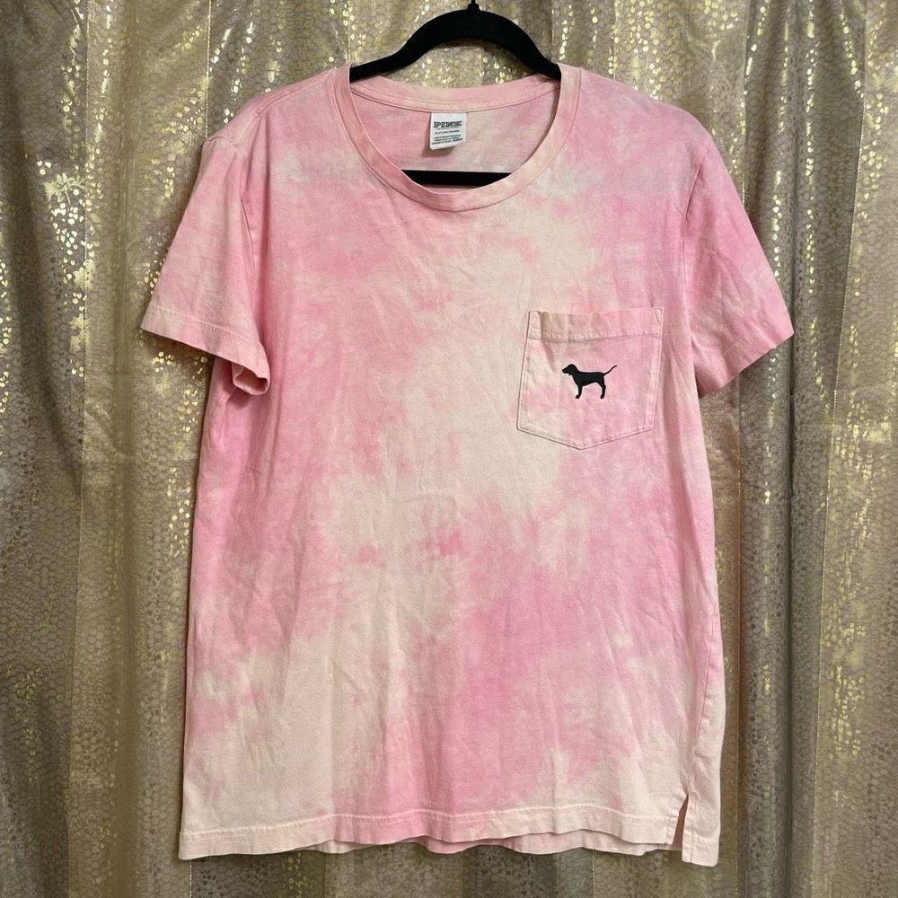 PINK‎ Victorias Secret Tie Dye Pink Pastel Logo Campus T-Shirt, Small